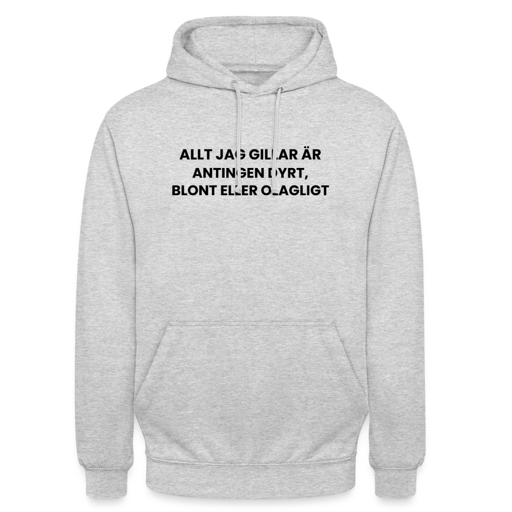 Allt jag gillar är antingen dyrt, blont eller olagligt Hoodie Unisex - ljusgråmelerad