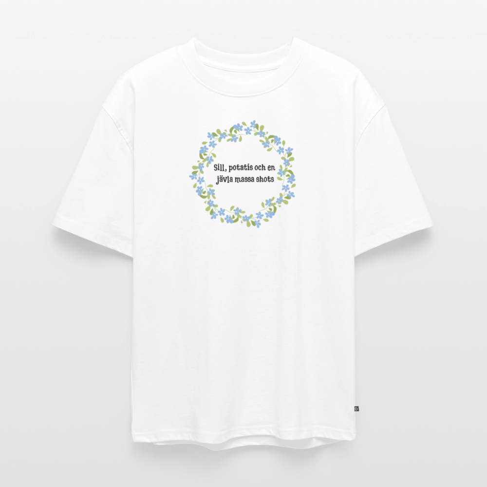 Sill, potatis och en jävla massa shots Oversized premium-T-shirt unisex - vit